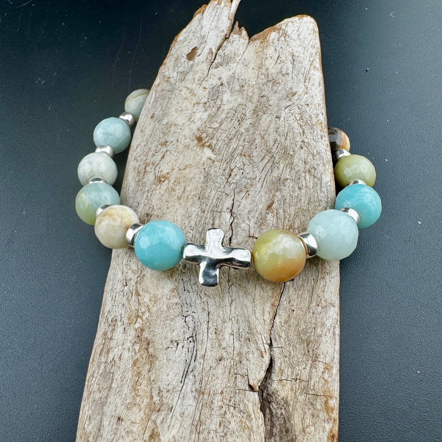 Amazonite Bracelet with Silver Cross 7"