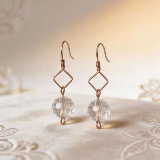 Earrings | Copper | Wire Wrapped Square Frame | Faceted Crystal Bead | 1.5”