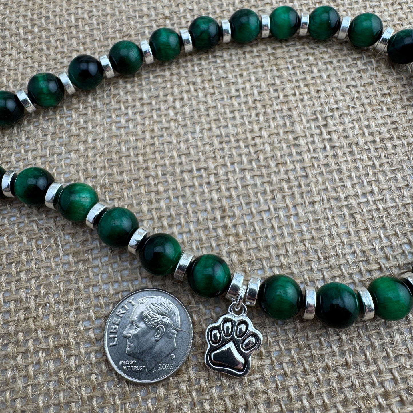 Green Tiger Eye Paw Print Pendant Necklace 19"