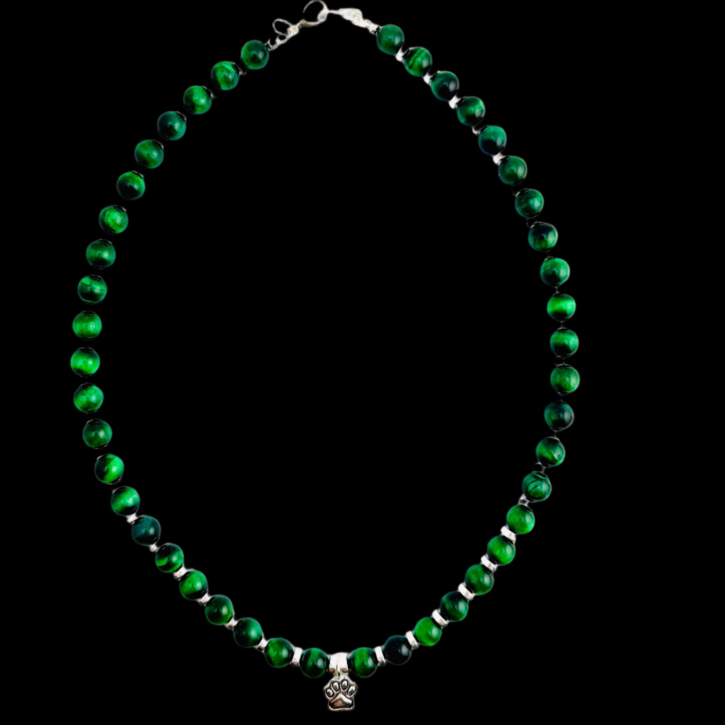 Green Tiger Eye Paw Print Pendant Necklace 19"