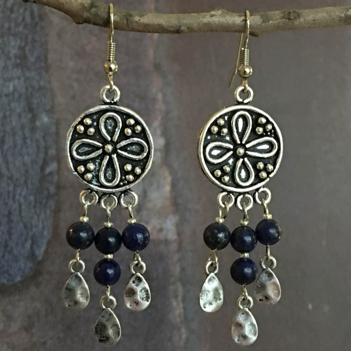 Lapis & Antique Silver Chandelier Earrings 3"