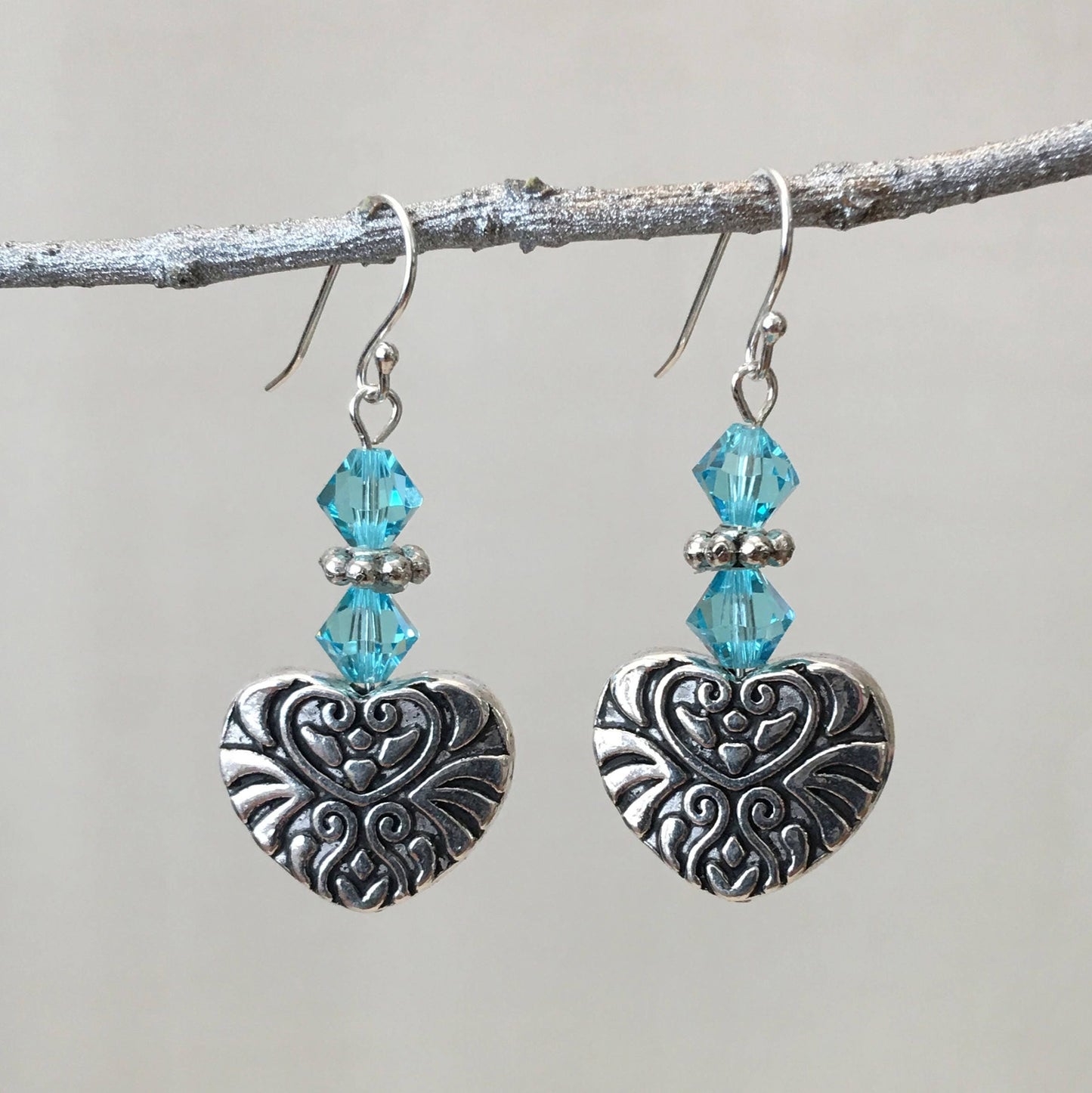 Aqua Swarovski Crystal Heart Earrings 1.75"
