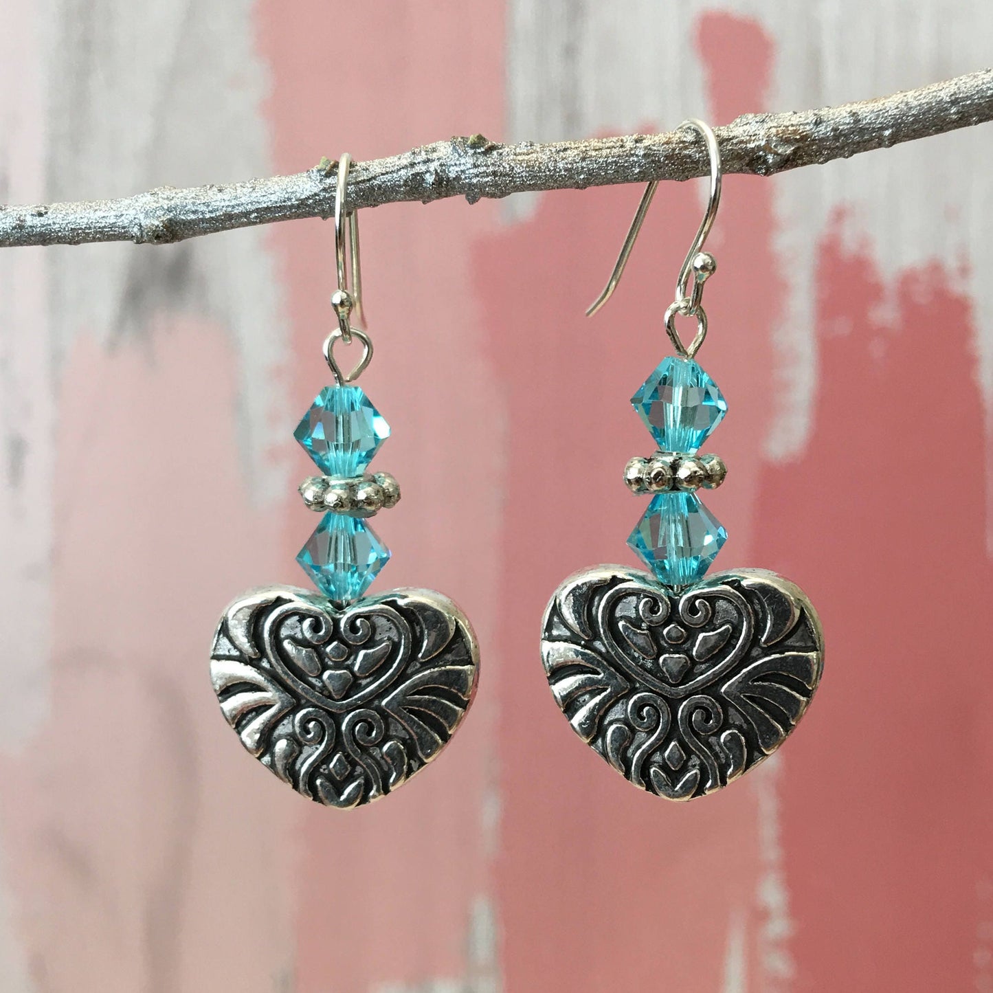 Aqua Swarovski Crystal Heart Earrings 1.75"
