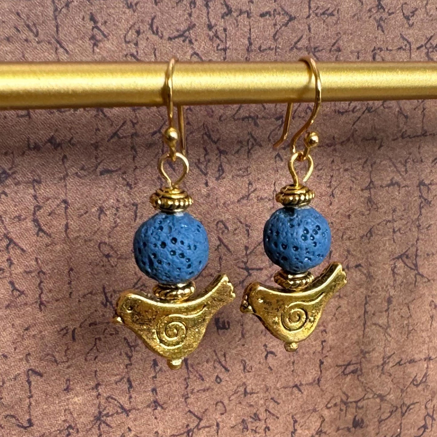 Bird Earrings with Blue Lava Stone Beads 1.5"