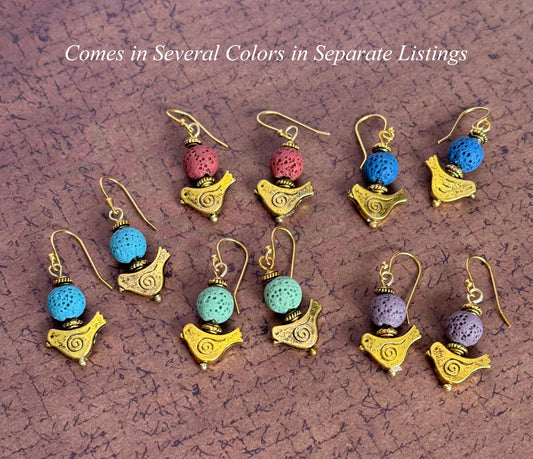 Bird Earrings with Coral Lava Stone Beads 1.5"