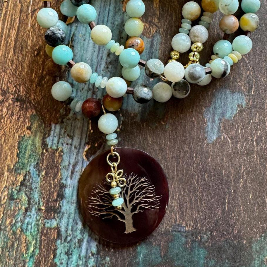 Amazonite Necklace with Tree of Life Pendant 31"