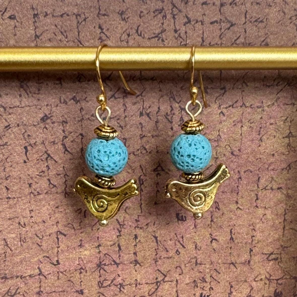 Bird Earrings with Turquoise Lava Stone Beads 1.5"