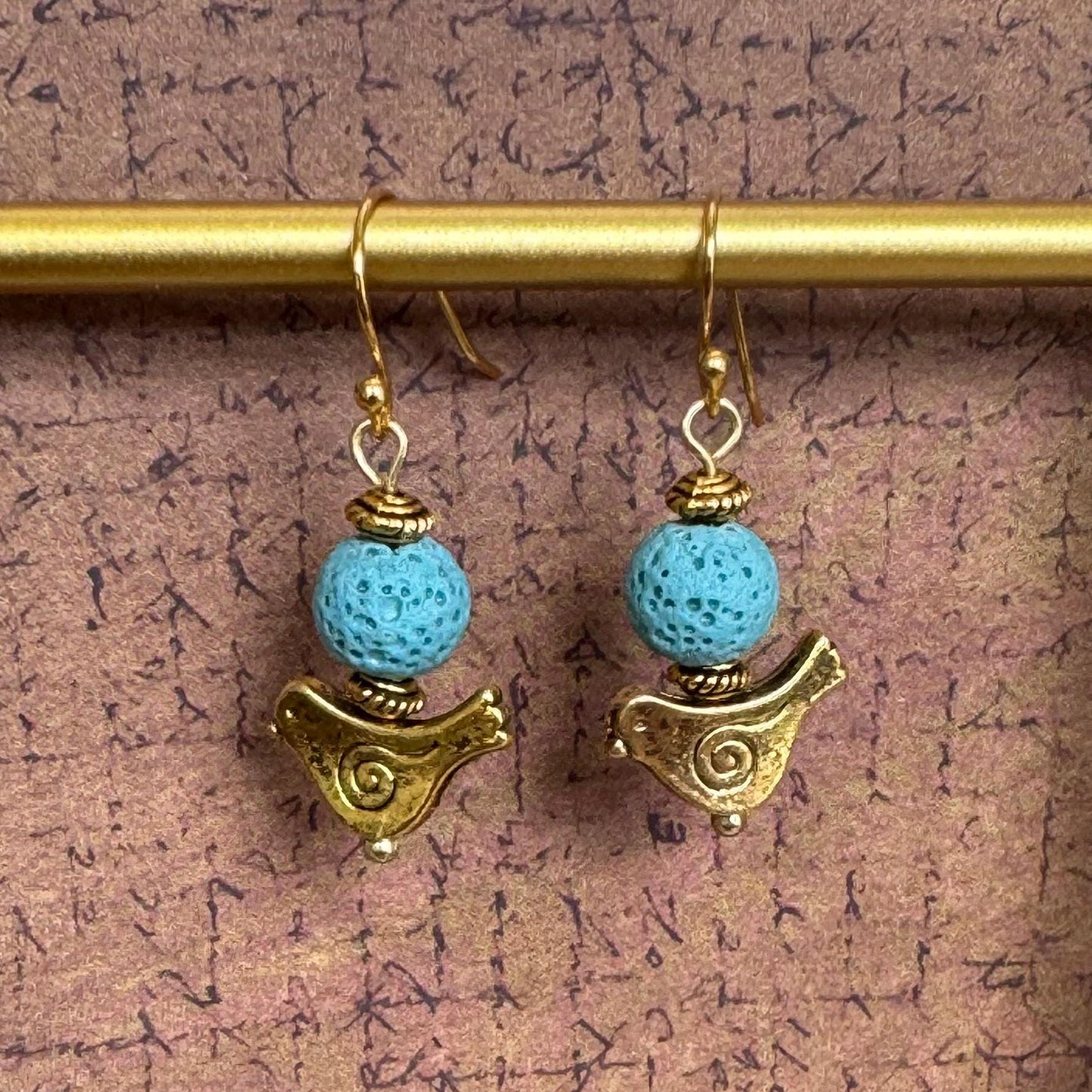 Bird Earrings with Turquoise Lava Stone Beads 1.5"