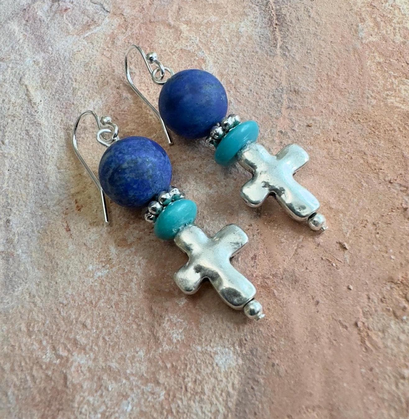 Lapis & Silver Cross Earrings 1.75"