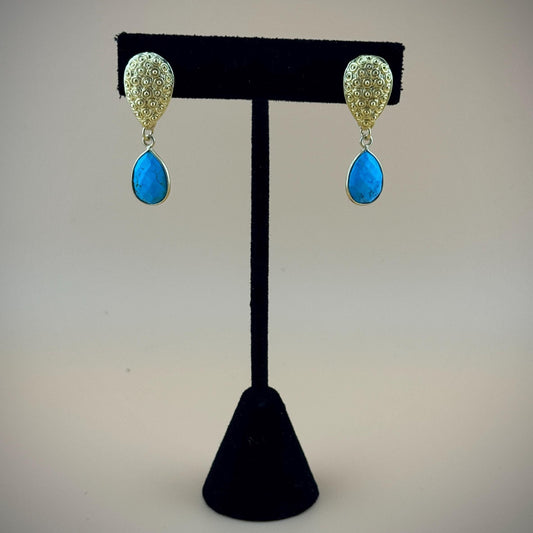 Earrings | Gold Rhodium | Blue Chalcedony Teardrop Gemstones | 1.5"