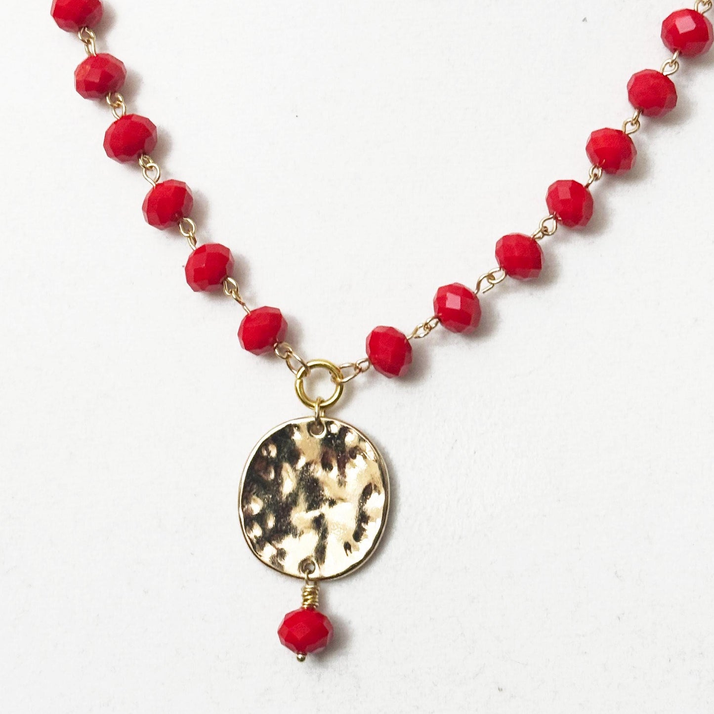 Red Necklace with Hammered Pendant 21"
