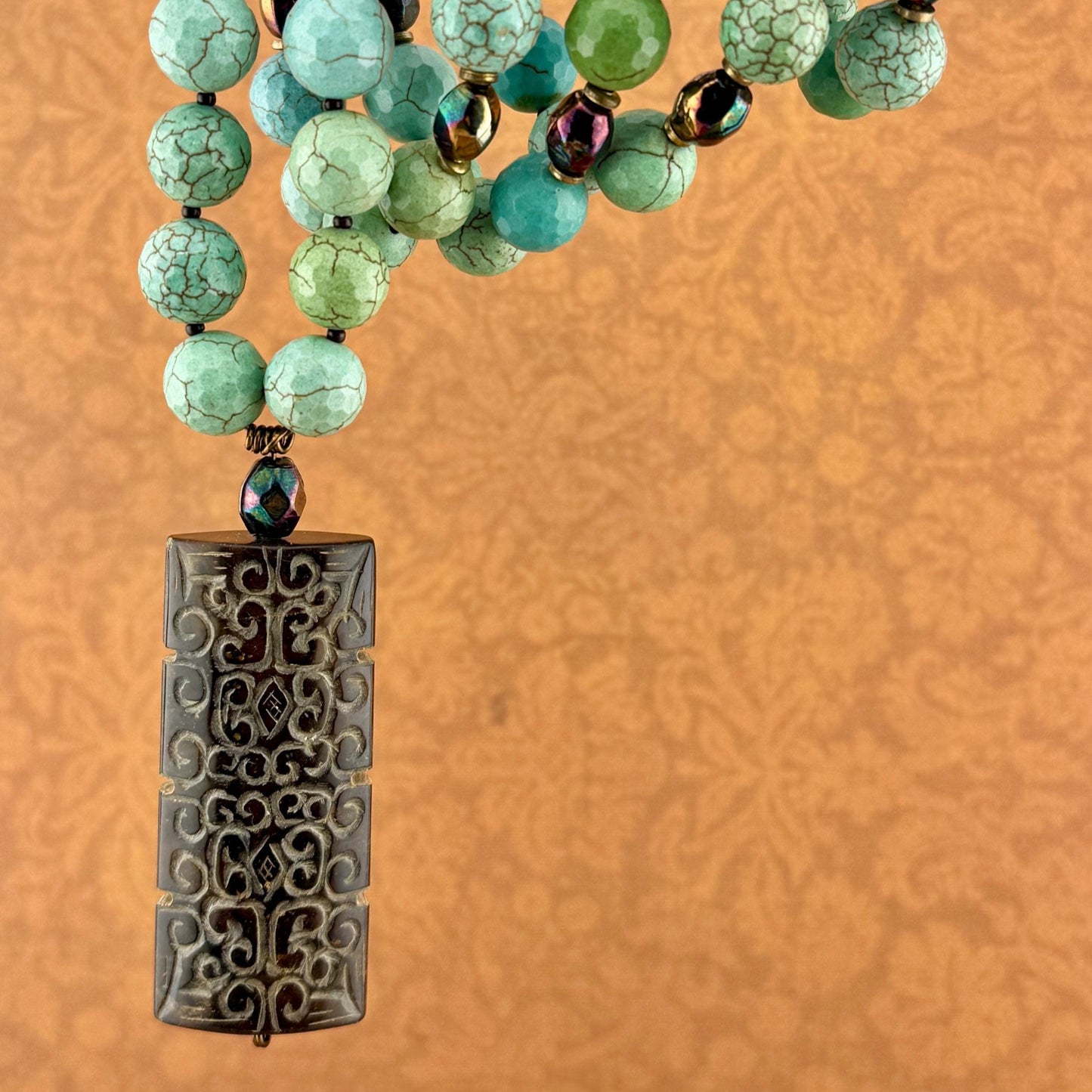 Turquoise Magnesite Necklace with Carved Pendant 29”