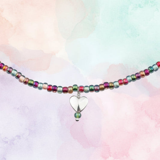 Necklace | Mini-Heart Charm | Multi-pastel Seed Beads | 16"