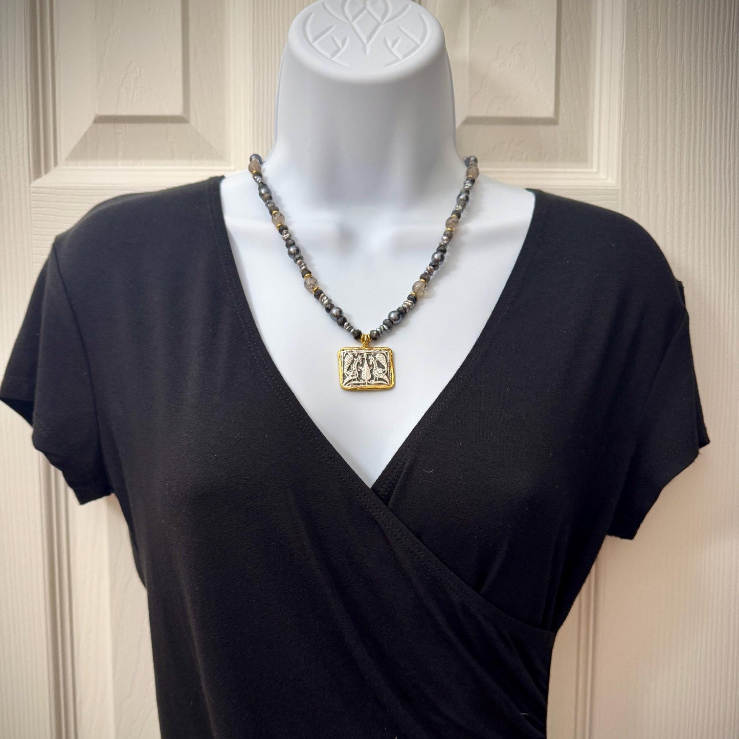 Gray Necklace with Peacock Egyptian Pendant 18"