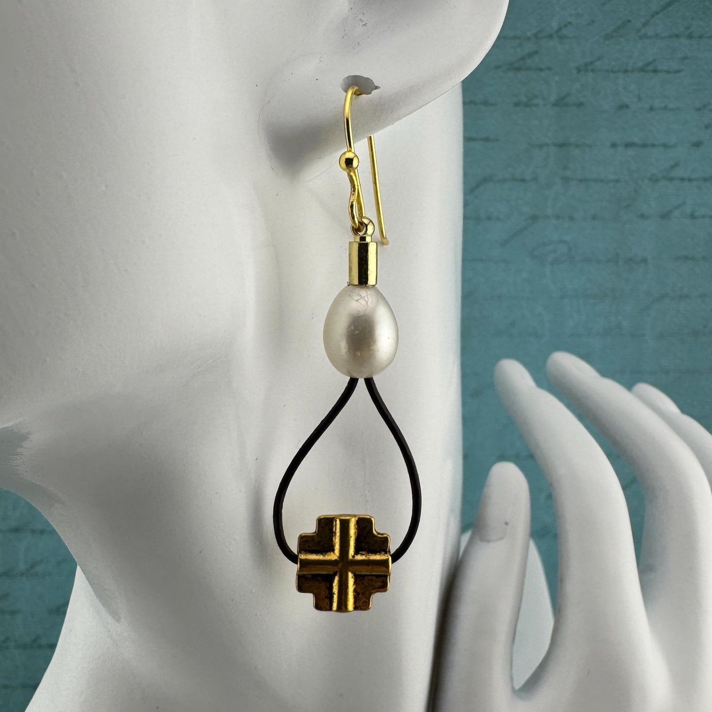 Pearl with Antique Gold Cross Earrings 2.75"