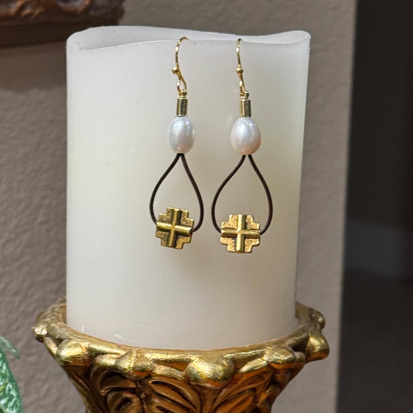 Pearl with Antique Gold Cross Earrings 2.75"
