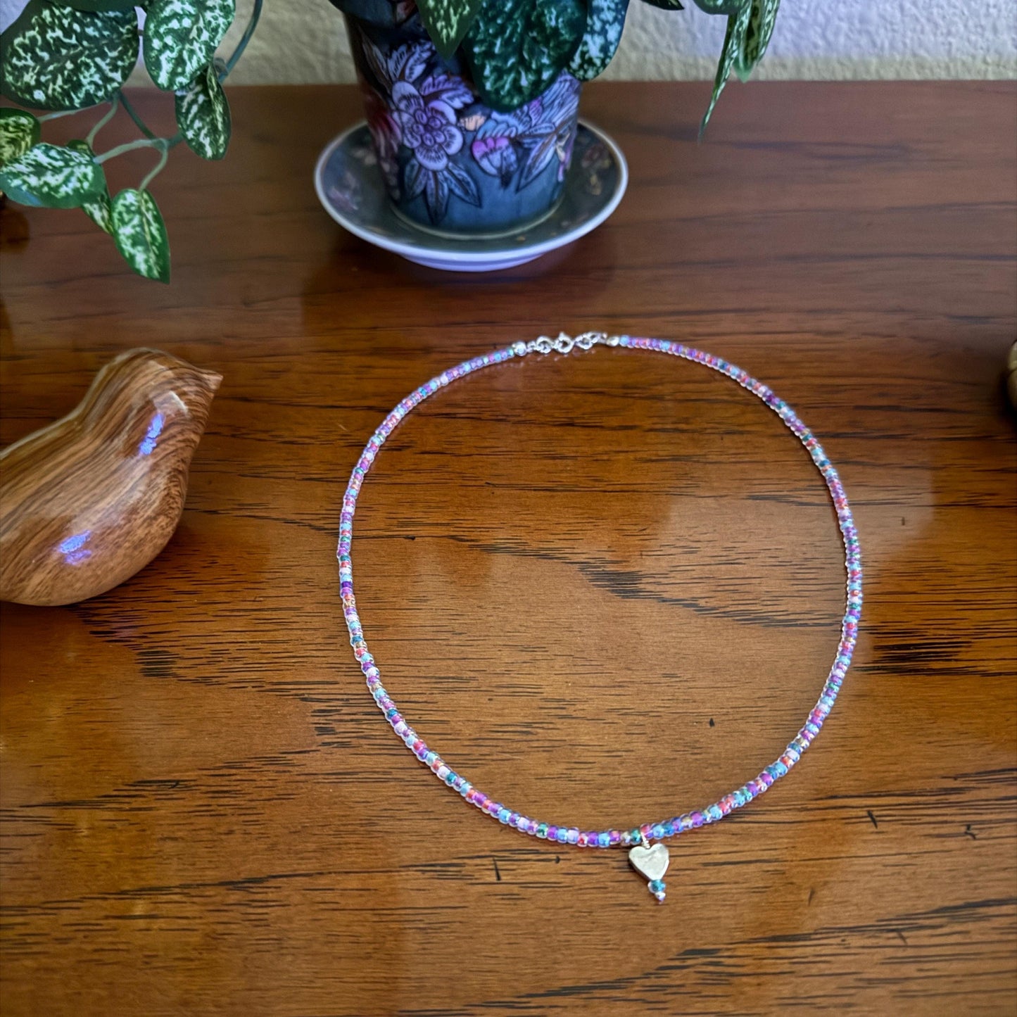 Necklace | Mini-Heart Charm | Multi-pastel Seed Beads | 16"