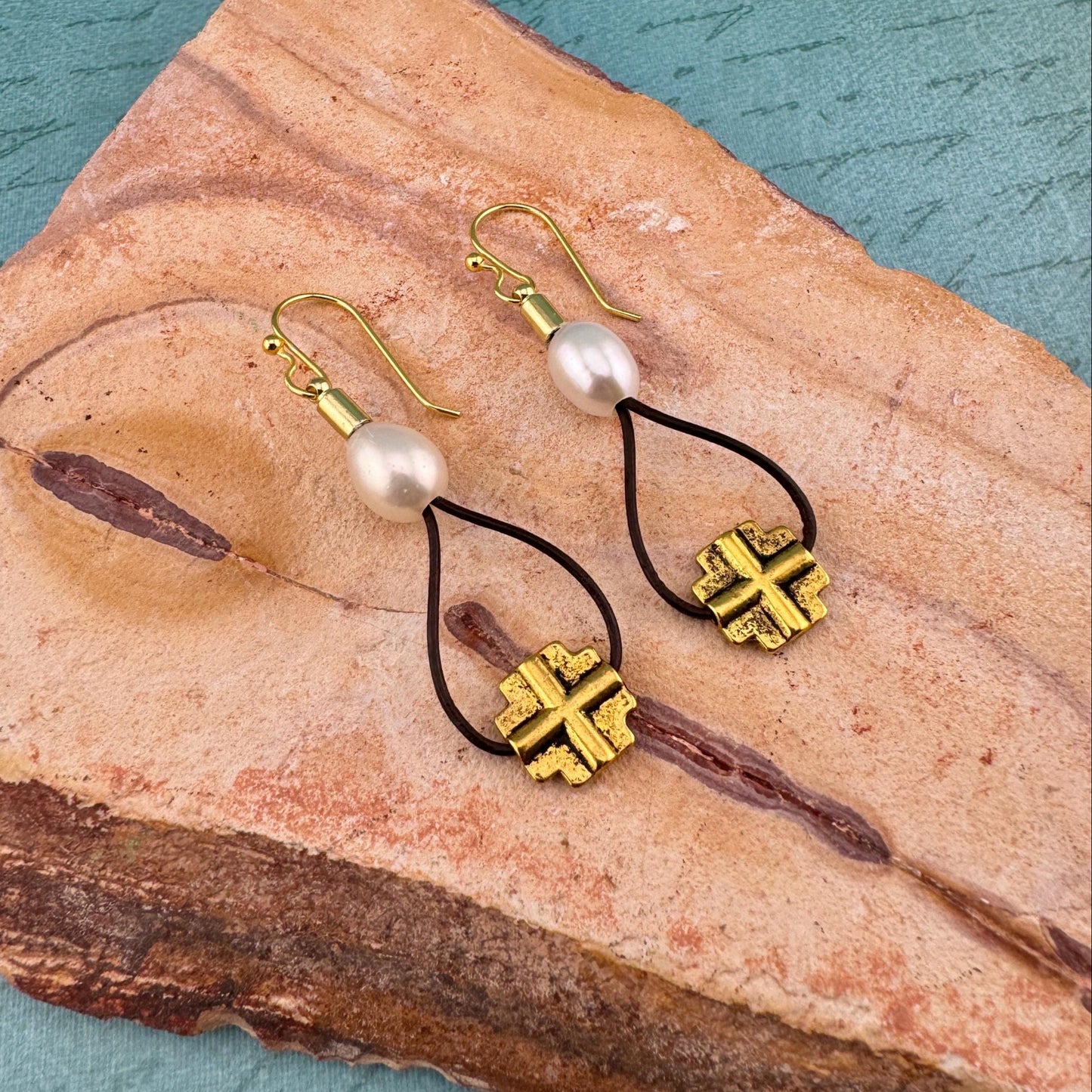 Pearl with Antique Gold Cross Earrings 2.75"