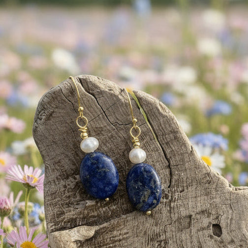 Earrings | Lapis | Freshwater Pearls | 18K Gold-filled Earwires | 1.75"