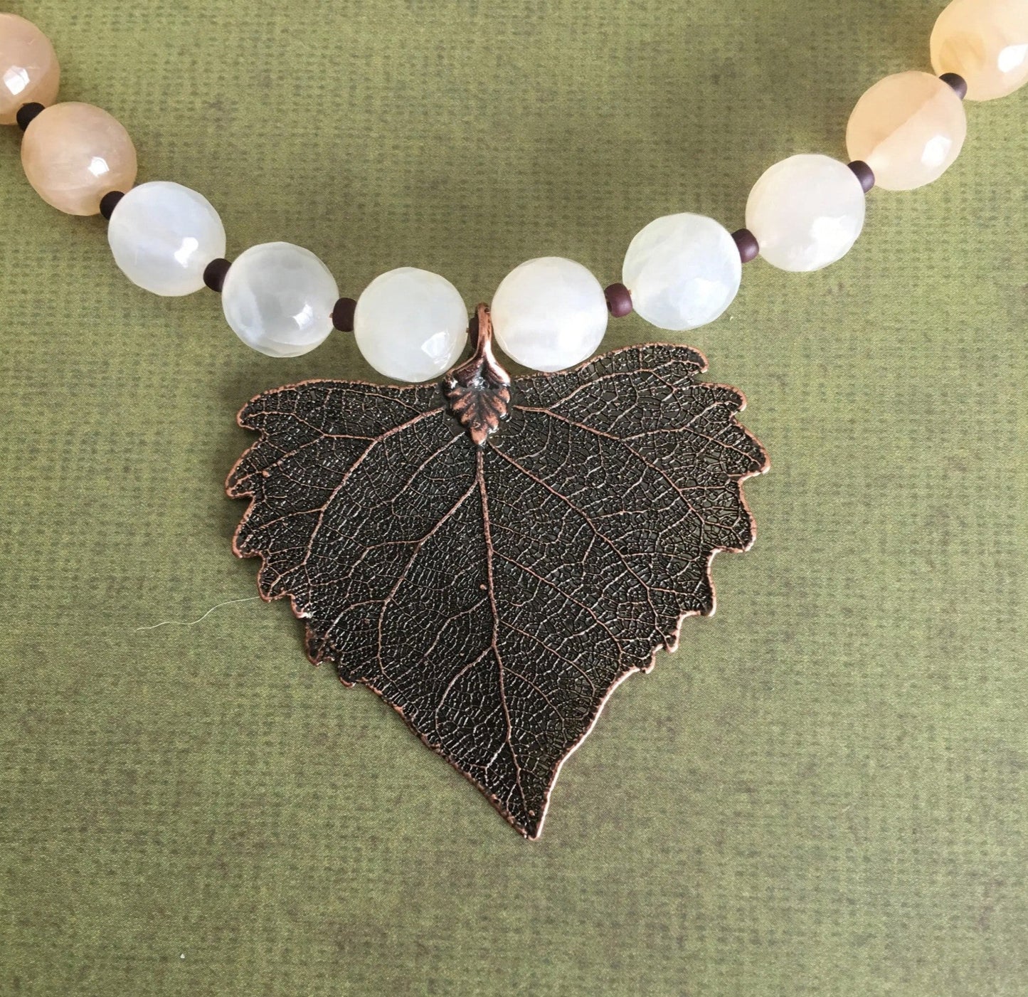 Moonstone Necklace with Copper Leaf Pendant 18"