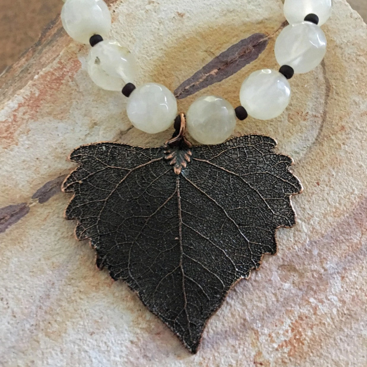 Moonstone Necklace with Copper Leaf Pendant 18"