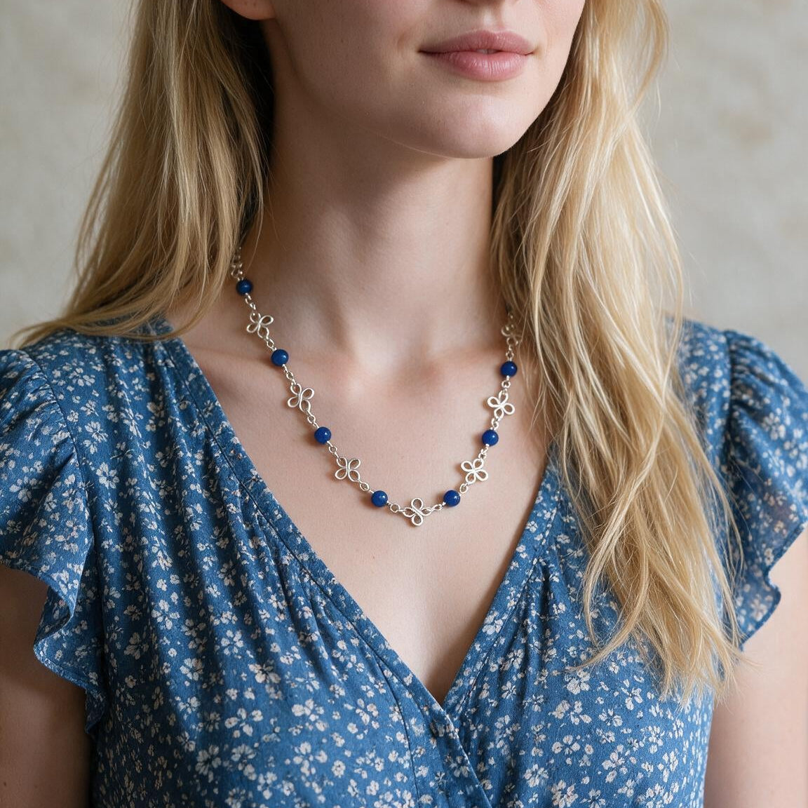 Wire-wrapped Silver Clover Necklace with Lapis Lazuli Gemstones | 16” | 2" Extension