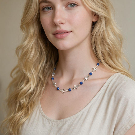Wire-wrapped Silver Clover Necklace with Lapis Lazuli Gemstones | 16” | 2" Extension