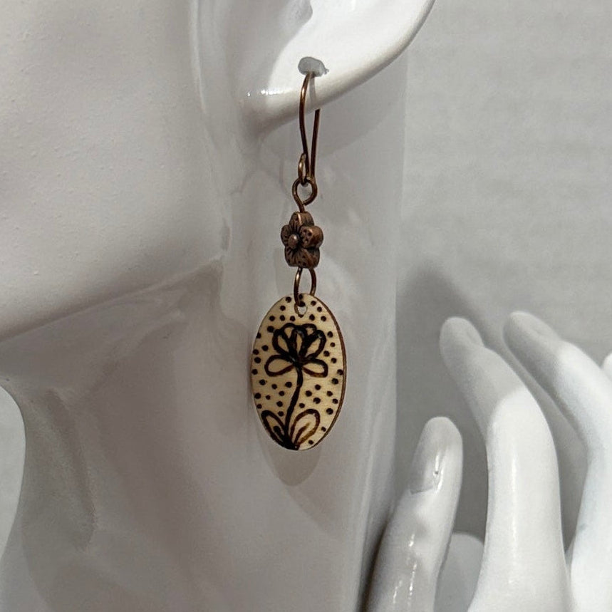 Earrings | Oval | Wood | Flower | Wood-burned | Small | 2”