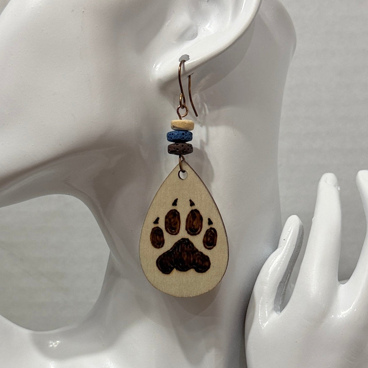 Earrings |Tear Drop Shape | Wood | PawPrint with Claws | Lava Stones | Large | 3"