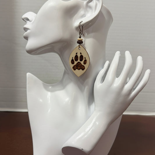 Earrings | Lens Shape | Wood | Pawprint | Wood-burned | Lava Stones | Large | 3"