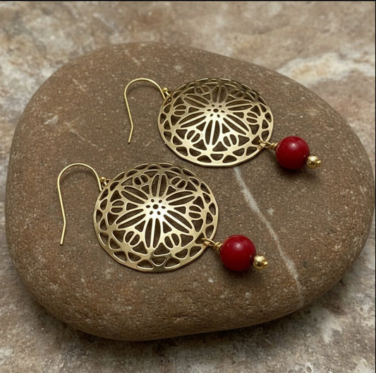 Earrings | 18K GP Filagree Flower | Gemstone Beads | 2.5"