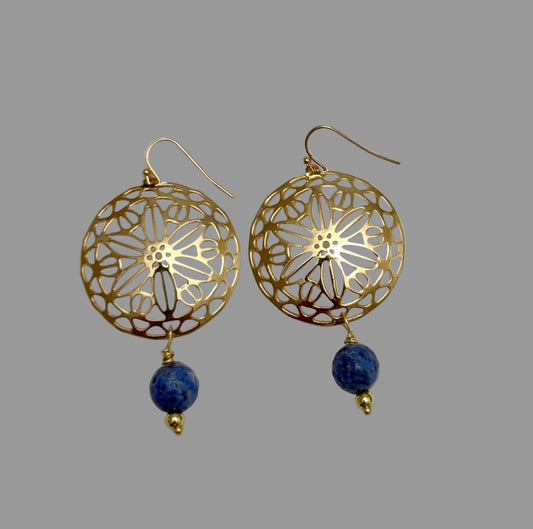 Blue Earrings | 18K GP Filagree Flower | Blue Gemstone | 2.5"