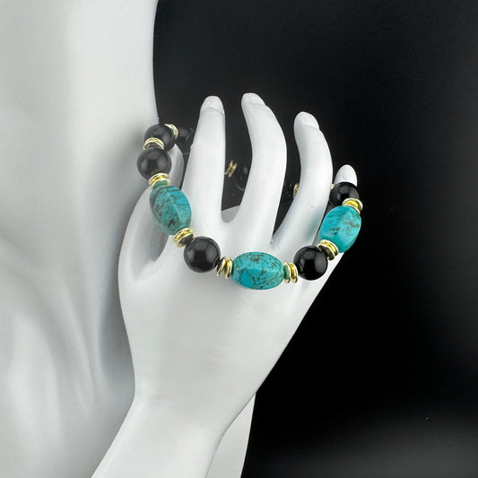 Turquoise and Onyx Bracelet 7.5"