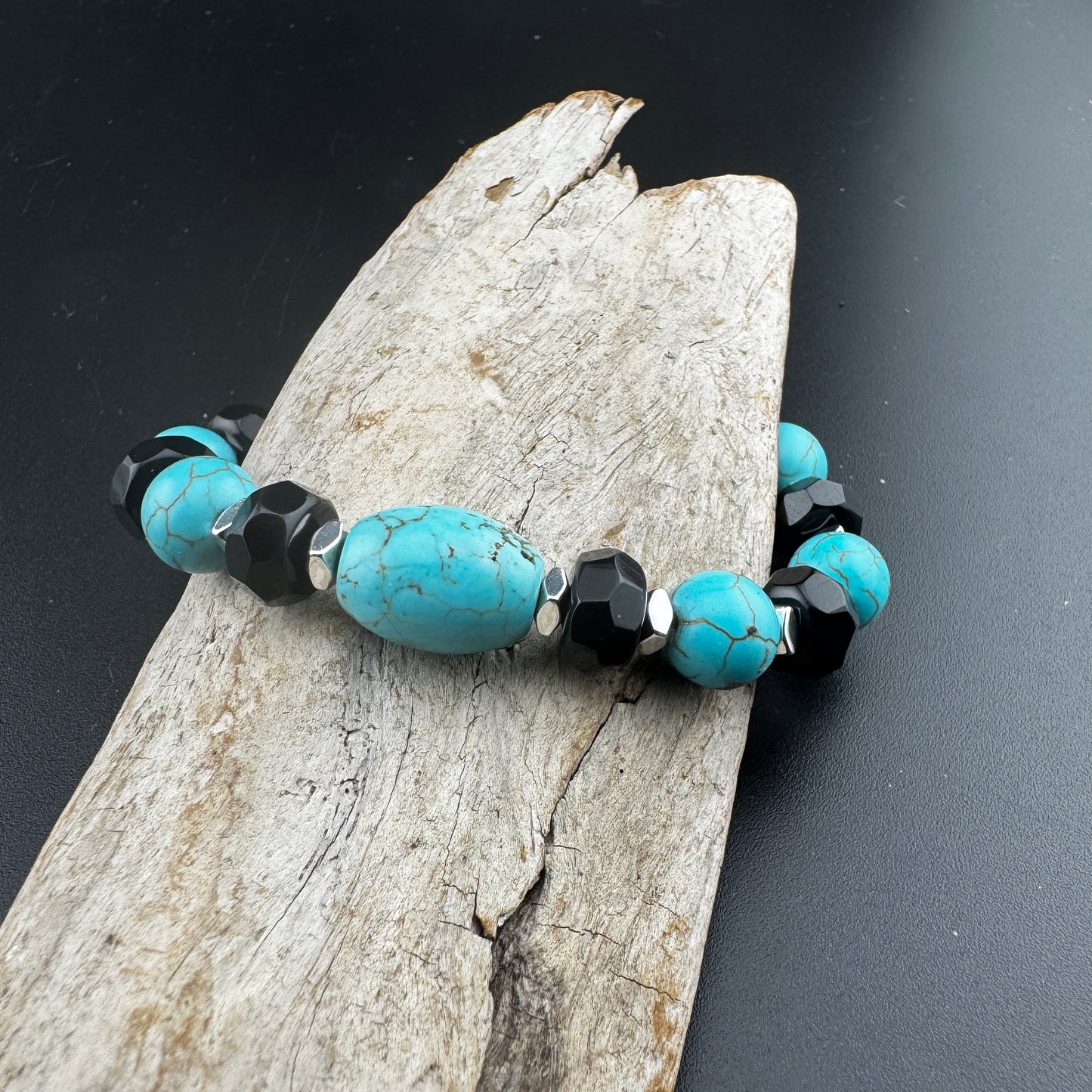 Turquoise Magnetite and Onyx Gemstone Bracelet 7.5"