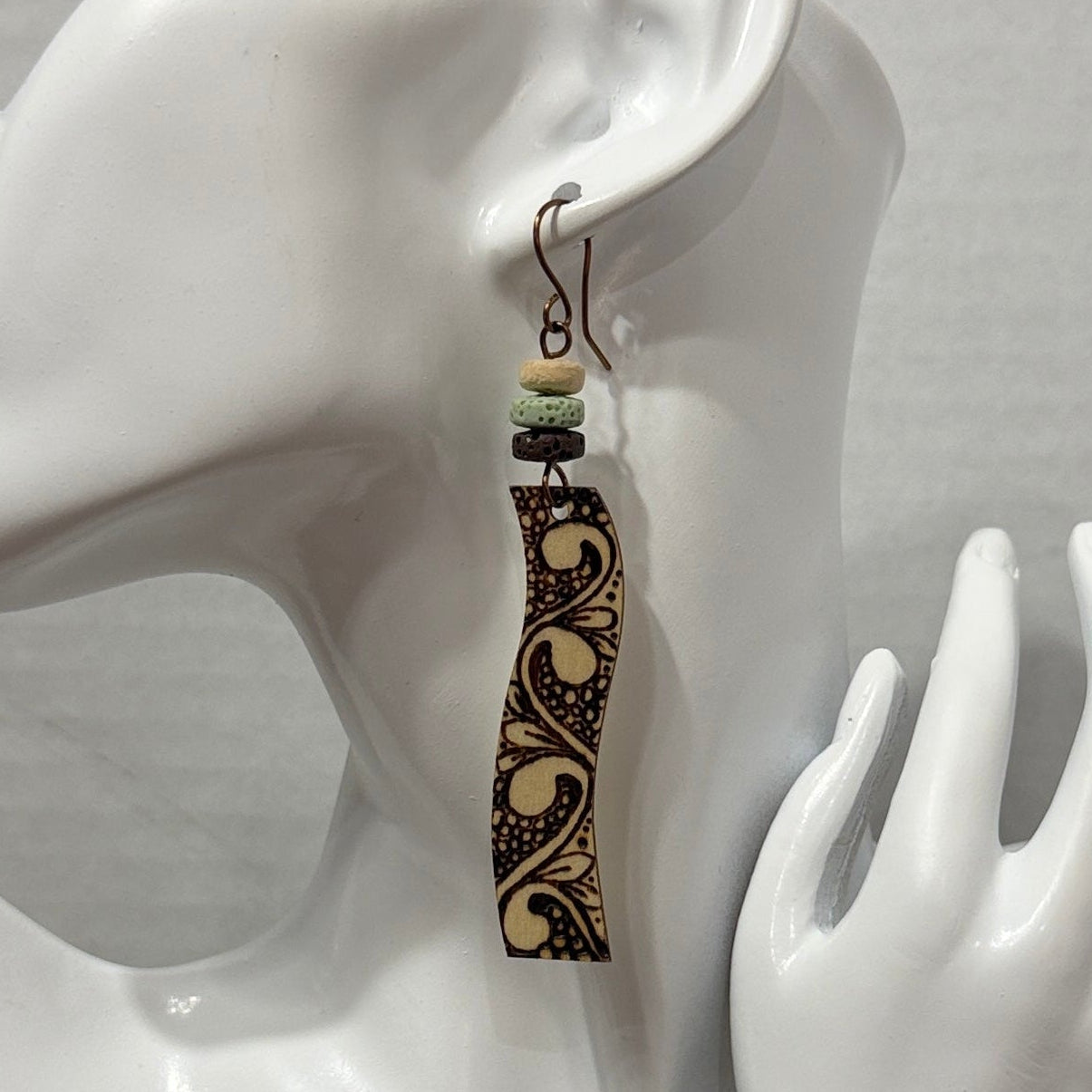 Earrings | Wave Shape | Zentangled Design | Wood-burned | | Lava Stones | Long | Large | 3.5"