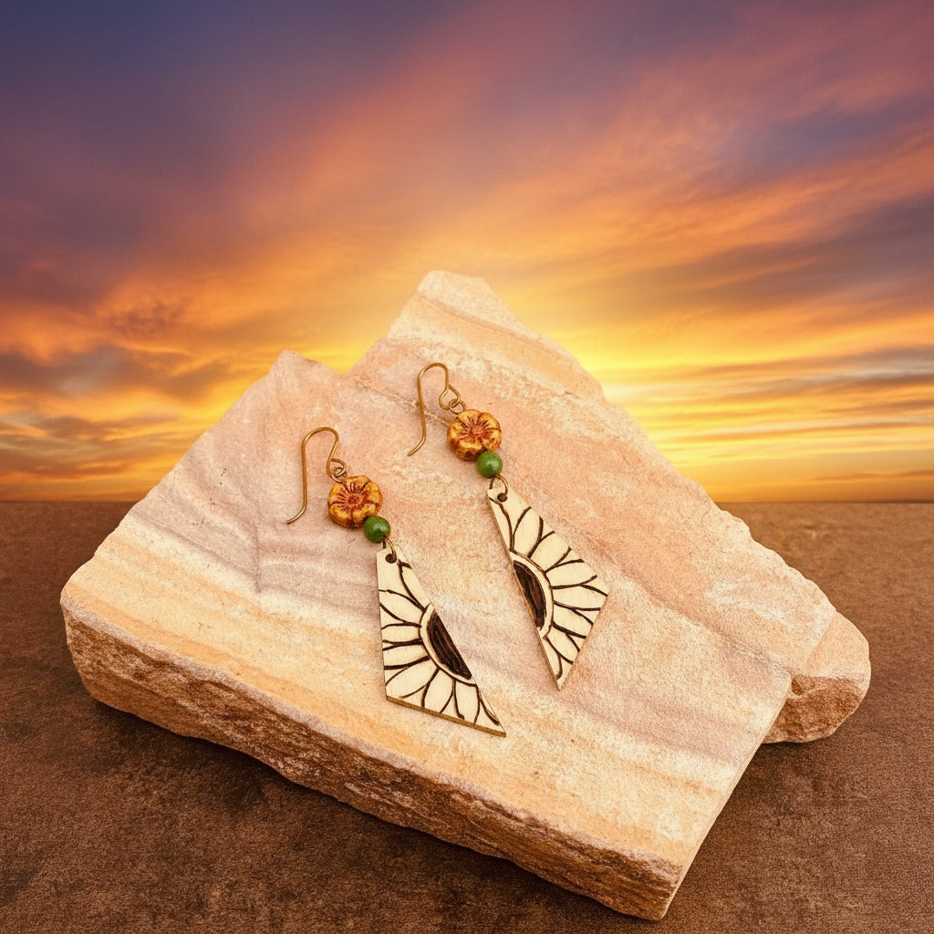 Earrings | Zentangled Sunflowers | Triangular Shaped | Yellow Flower | 3"