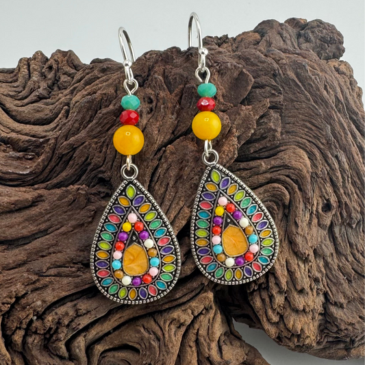 Colorful Antique Silver Tear Drop Earrings Suspended from Czech Beads and Amber 2.5”
