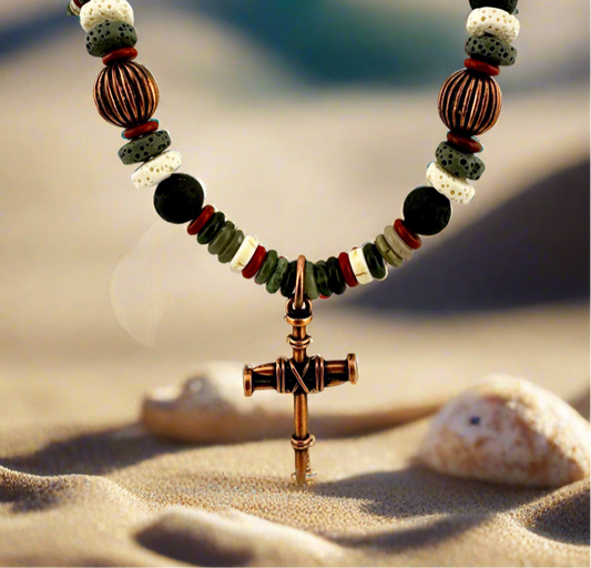 Heishi Necklace with Copper Nail Cross 20”