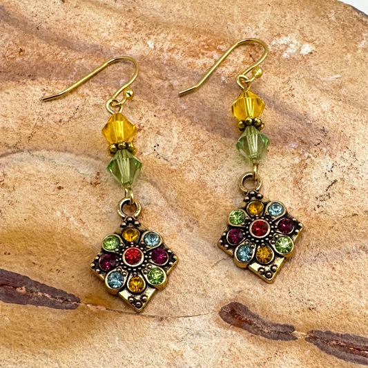 Swarovski Crystal Earrings with Multi Color Rhinestone & Gold Charms  2”