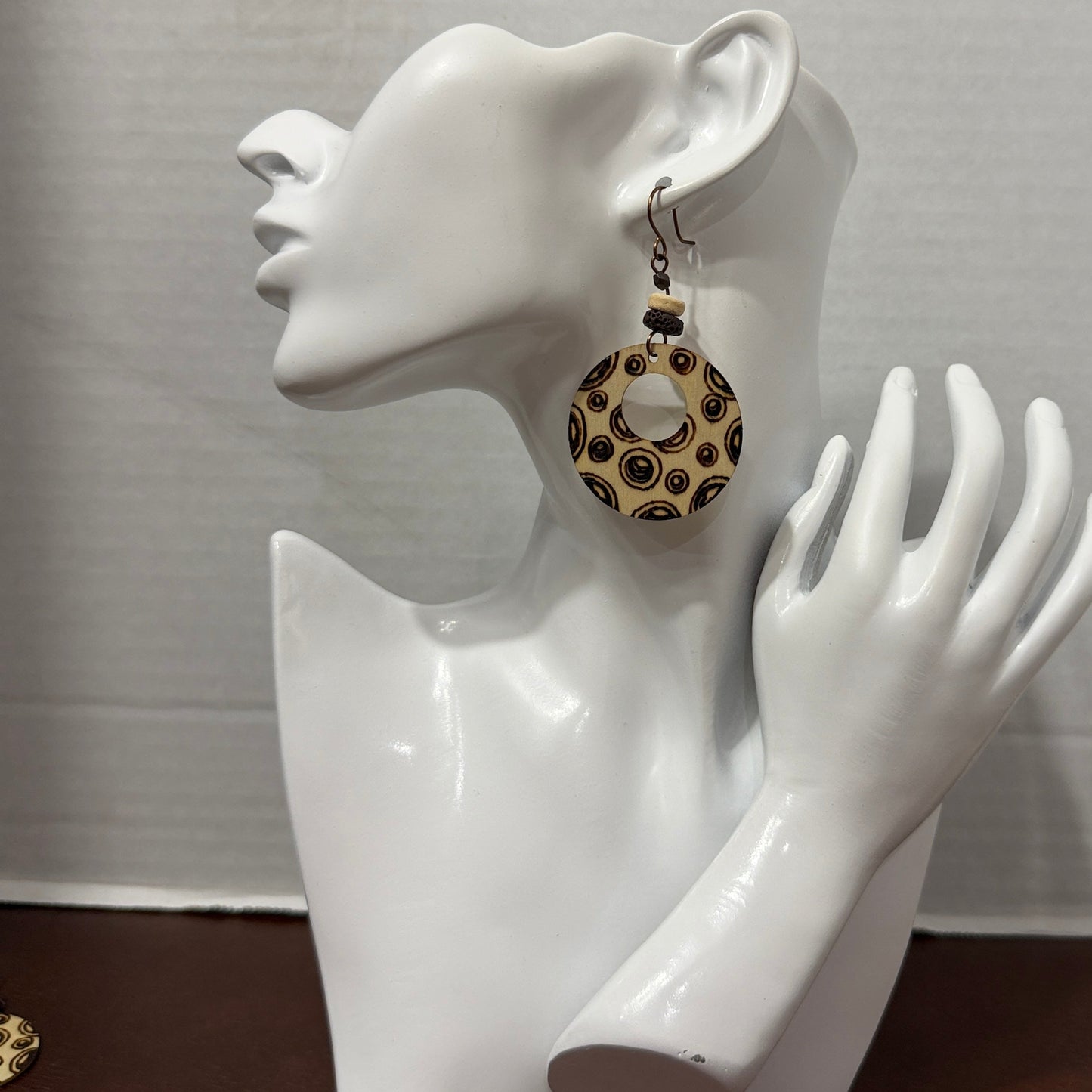 Earrings | Hoops | Round-Shaped | Zentangled | Wood-burned | Lava Stone Beads | Large | 2.75"