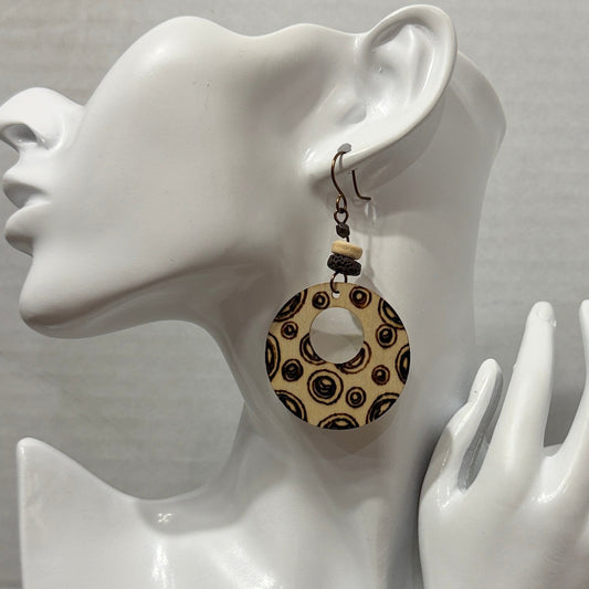 Earrings | Hoops | Round-Shaped | Zentangled | Wood-burned | Lava Stone Beads | Large | 2.75"