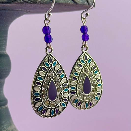 Antique Silver Dangle Earring with Amethyst Beads and Teardrop Charm 2.5”
