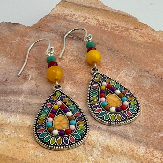 Colorful Antique Silver Tear Drop Earrings Suspended from Czech Beads and Amber 2.5”