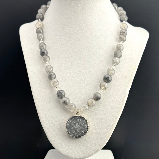 Gray Agate Necklace with Druzy Pendant 17”