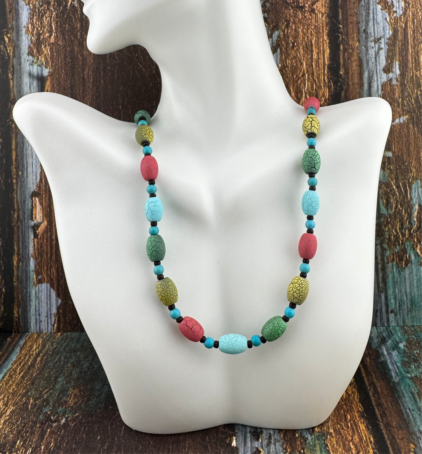 Unique Multicolored Crackled Beaded Necklace 17”