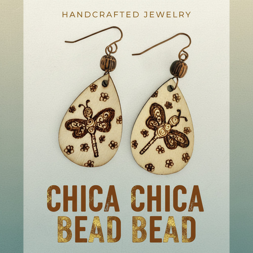 Earrings | Zentangles | Teardrop Shape | Dragonfly Design | Wooden Bead | 3"
