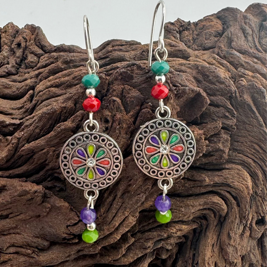 Antique Silver Drop Earrings With  Czech Beads and Colorful Charms 2.25”