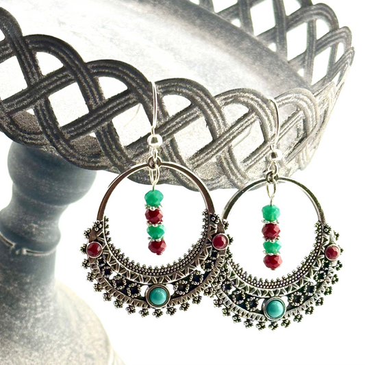 Antique Silver Hoops adorned with Red and Turquoise Accents 2”