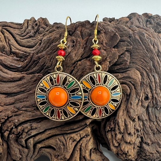 Dangle Earring with Red Czech Beads and Gold Colorful Charms 2.25”