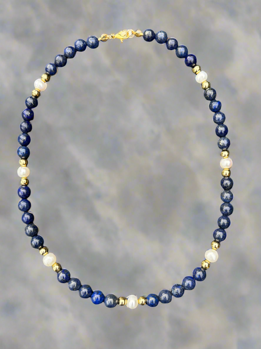Lapis Lazuli, Pearl, & Gold Necklace 18"